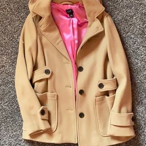 Women’s camel color pea coat with hood